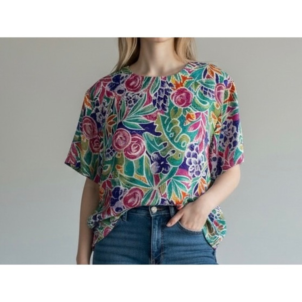 VTG 90s Silk Blouse Size M Multicolor Tropical Floral‎ Print Maximalist Vibrant